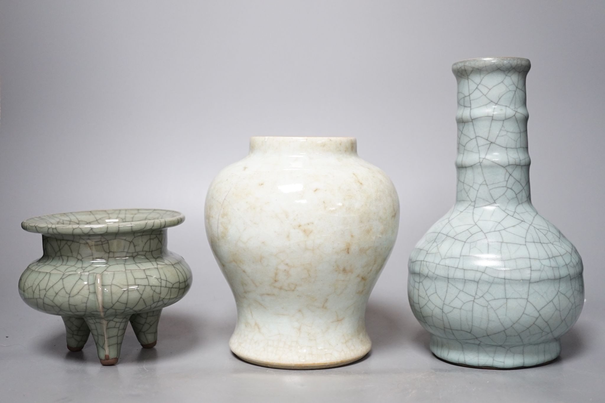 Three Chinese crackle glaze vases or vessels, 19th century and later, tallest 22cm